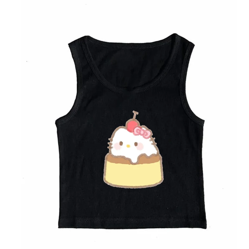 American Retro Summer Newstyle Y2K Sanrio Kawaii Hello Kitty Mini Cake Print Tee Women Short Style Sleeveless T-shirt Tank Top