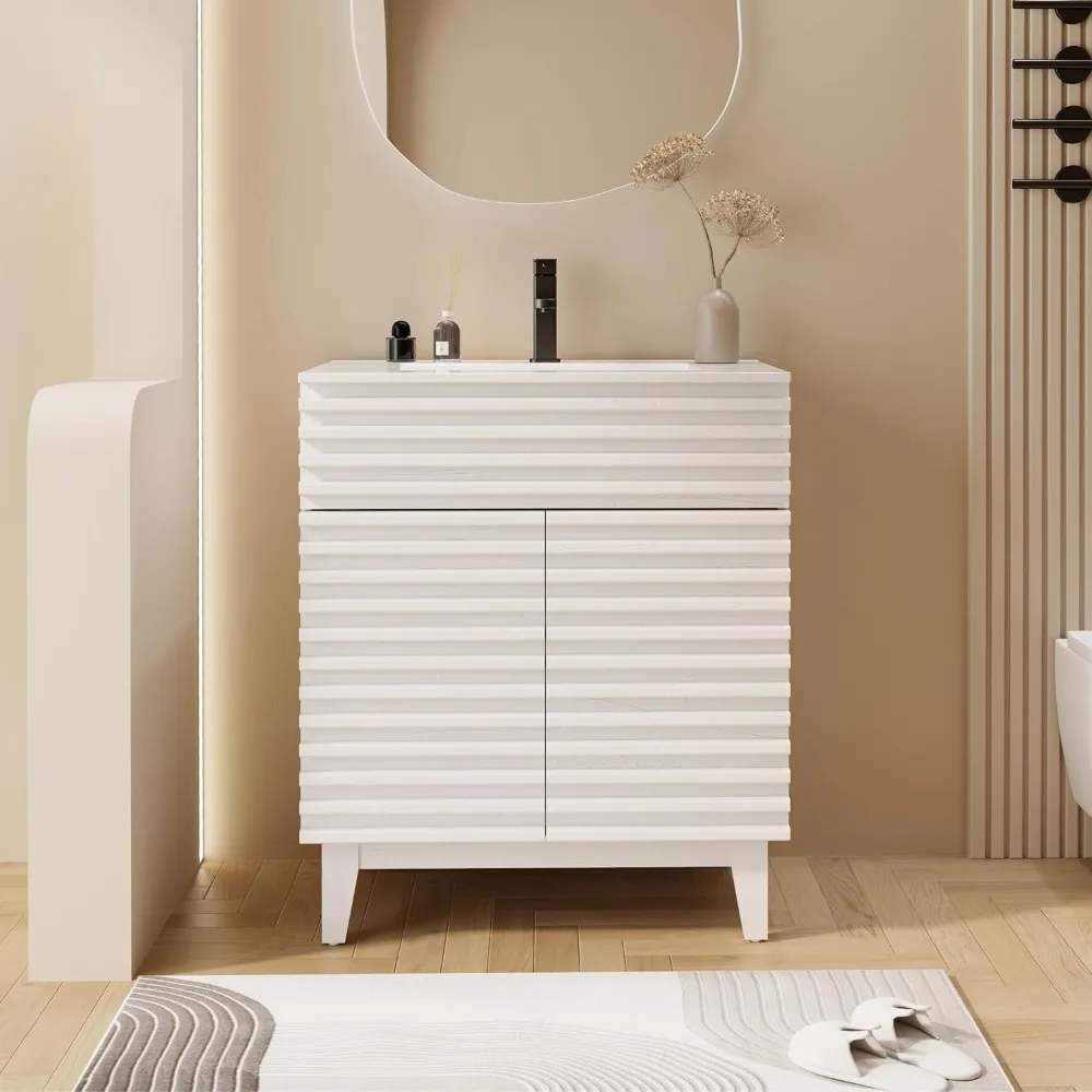 

Luxury 30" Bathroom Vanity with Sink Combo Mid-Century Freestanding Cabinet with Wood Stripes Decor, Adjustable Shelf