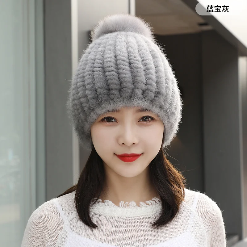 100% Natural Mink Fur Hat Women Winter Knitted Beanie Russian Girls Cap With Fox Fur Pom Poms Thick Female Cap Elastic Hats