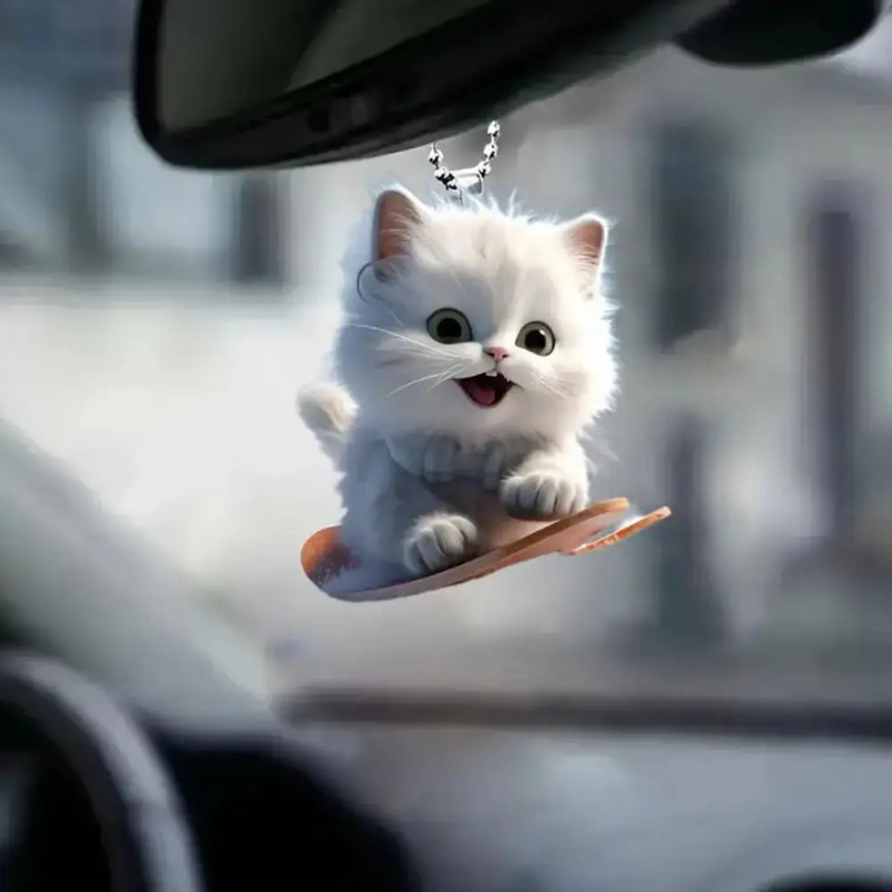 2d Flat Cat Car Pendant Christmas Tree Ornament Cat Car Pendant Acrylic Rearview Mirror Charm Kitty for Christmas for Family