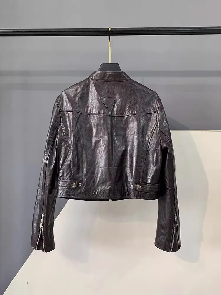Fashion Autumn New Genuine Leather Lady Jacket Coat Stand Collar Short Motorcycle Jackets Side Zipper Real Sheepskin Overcoat