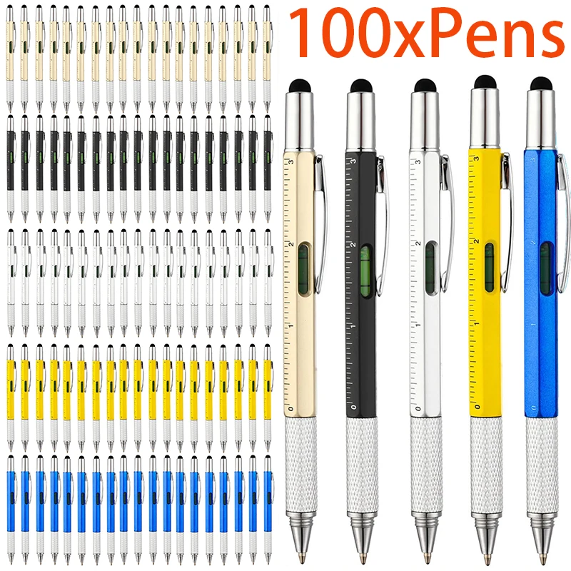 100Pcs 6 in 1 Ballpoint Pen Multi-function Screwdriver Pen Multi-tool Pen with Ruler Level Gauge