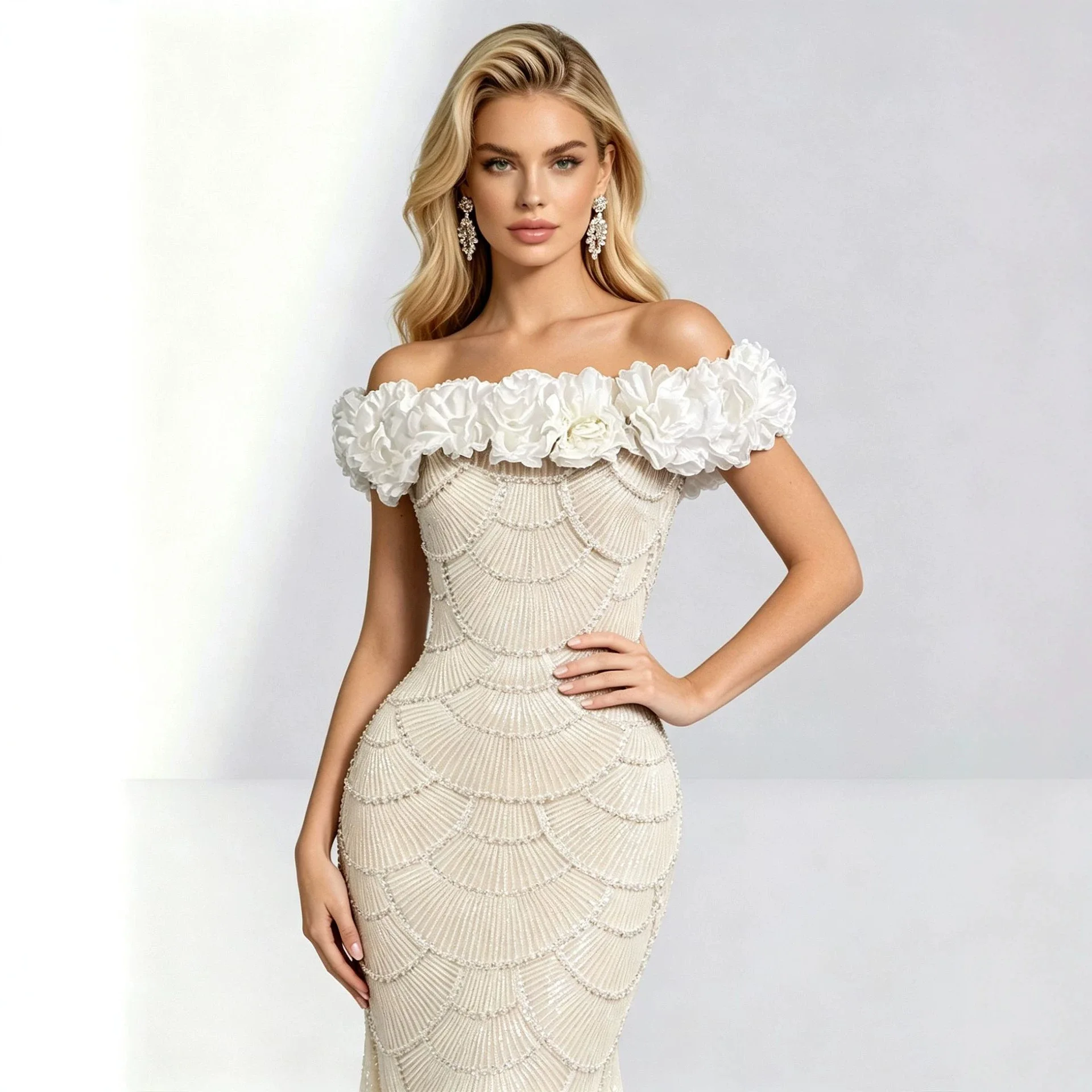 

High-Definition White 3D Flower Beaded Shiny Shoulder Bared Dress Wedding Party Gown Elegant Chic Summer Fashion Women's Dress