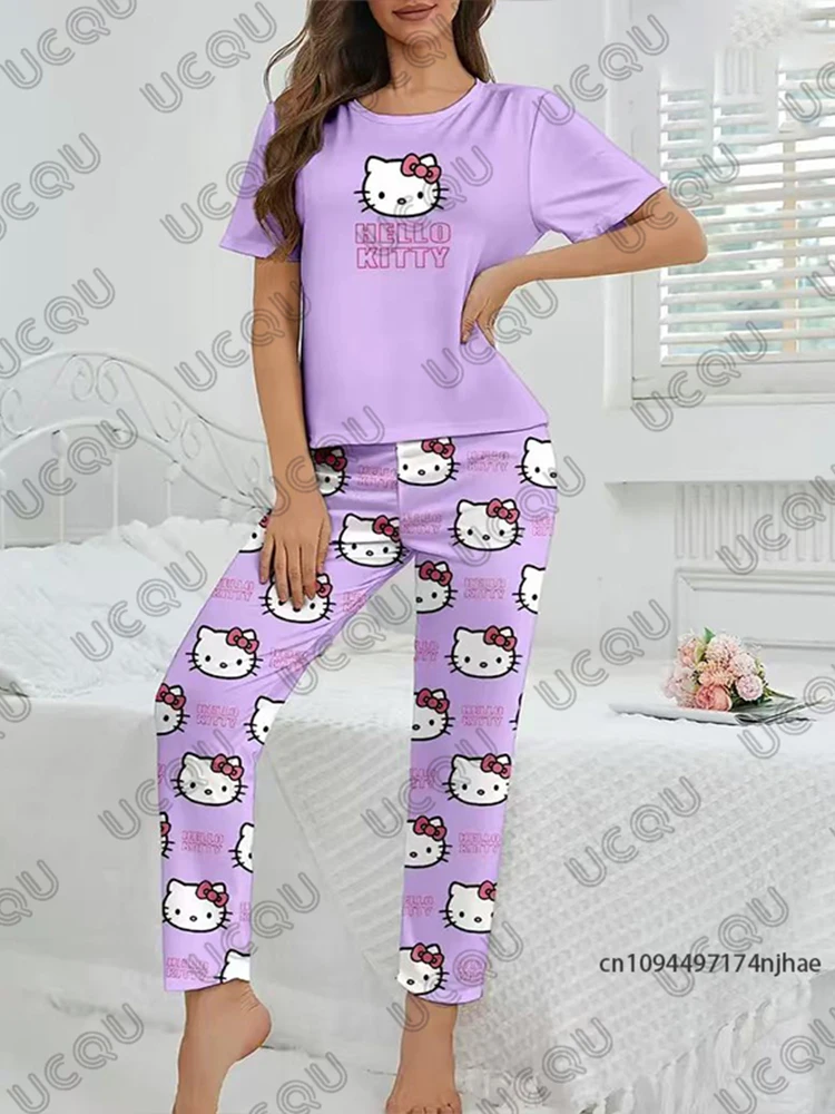 女性のズボン ジャージ ハローキティ プリント T シャツ + パジャマ パンツ セット カジュアル カップル スーツ ファッション ホーム服 2 ピース衣装