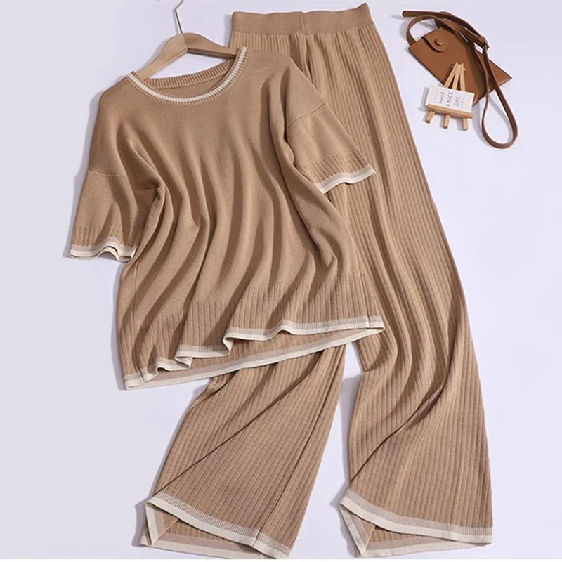

Two Piece Set Fashions Summer Tracksuit Casual Suit Short Sleeve Knitted Pullover T-Shirt Tops + Wide Leg Pants Female Outfits