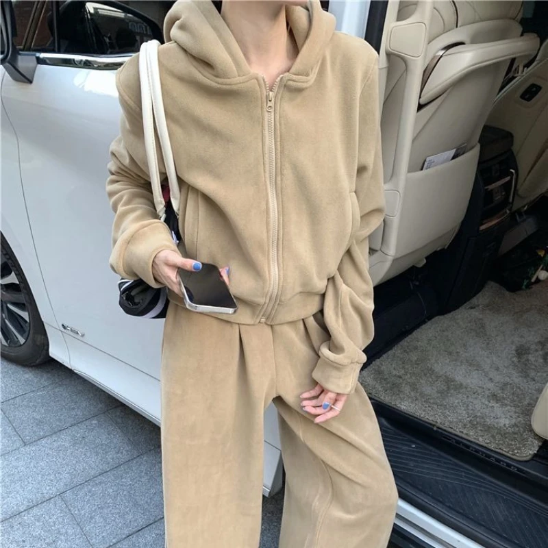 Autumn Women's Tracksuit with Hooded Zipper Y2k Oversize Casual Two Piece Sweatsuit Thicken Warm Winter Sportswear Soft Homewear