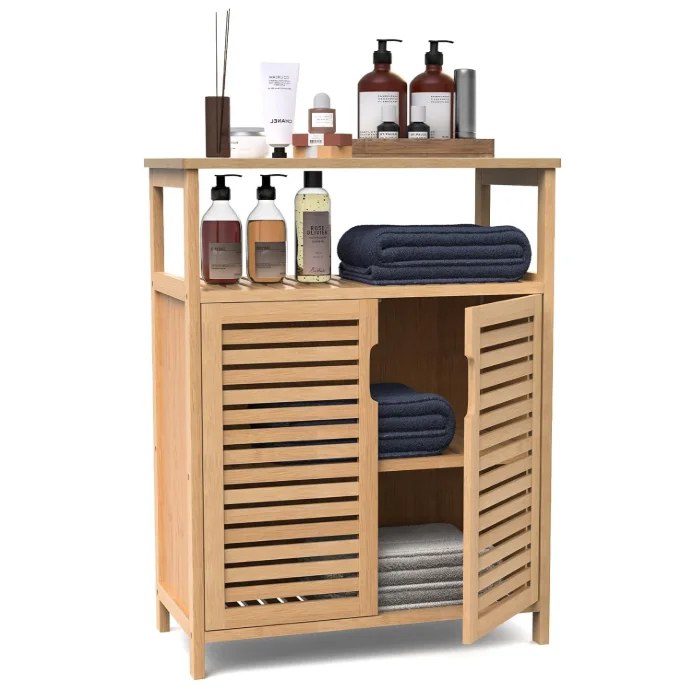 

！@Combohome Floor Standing Bamboo Rattan Bathroom Storage Cabinet with Door & Shelf