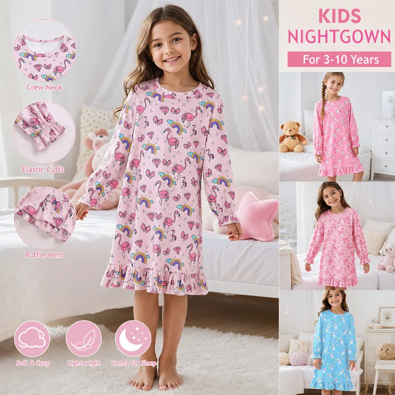 Little Hand Kids Girls Lightweight Breathable Sleep Dress Long Sleeve Cartoon Print Ruffle Cuff Home Loungewear Nightdress 3-10T