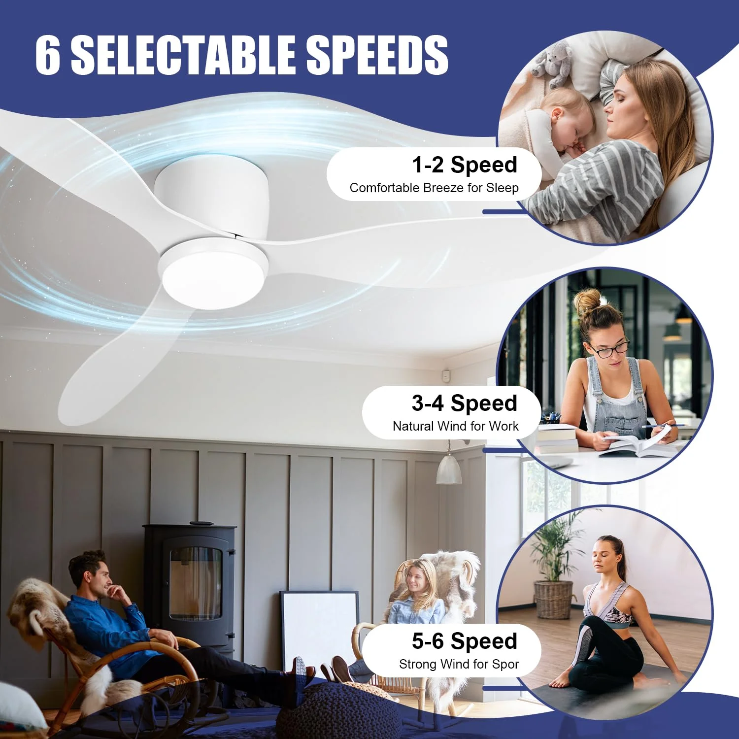 مروحة سقف عن بعد مضيئة مقاس 52 بوصة من الخشب الحبوب، مروحة سقف مجوفة منخفضة المستوى، مروحة داخلية لغرفة النوم/غرفة المعيشة قابلة للتعديل