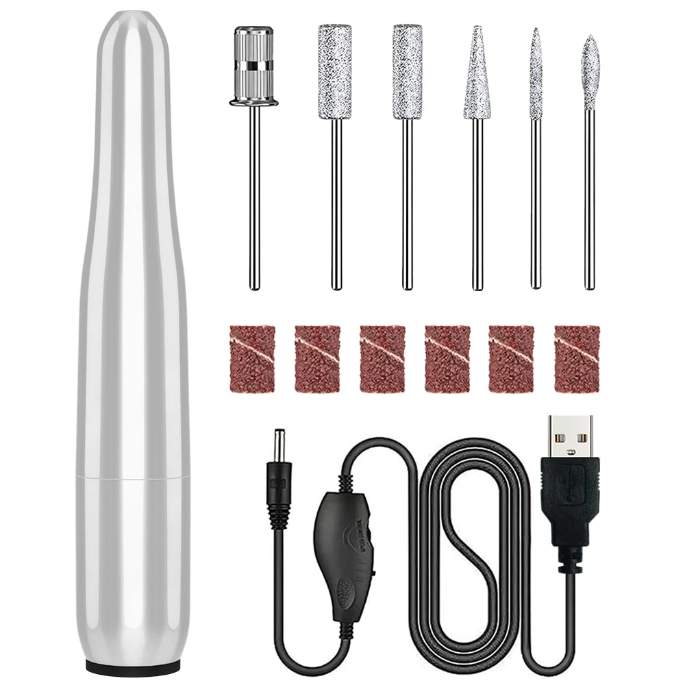 Professionele elektrische nagelboor, USB-aangedreven draagbare nagelvijl voor acrylgelnagels, manicure-pedicure-gereedschap met 6 boorbits