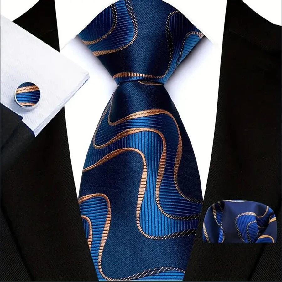Luxury Mens Tie Jacquard Striped Plaid Checks 8CM Necktie Pocket Square Cufflinks Set for Male Men Wedding Business Party