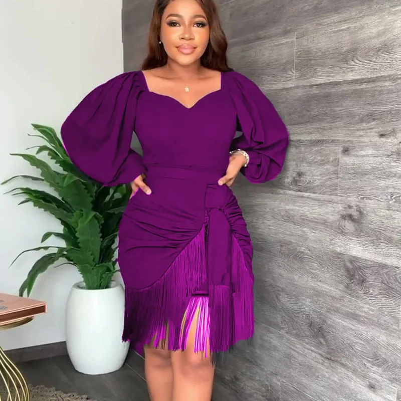 

Элегантные вечерние платья с рукавами-фонариками, Женские Классические Формальные платья, офисное женское облегающее платье миди с драпировкой и бахромой, платья