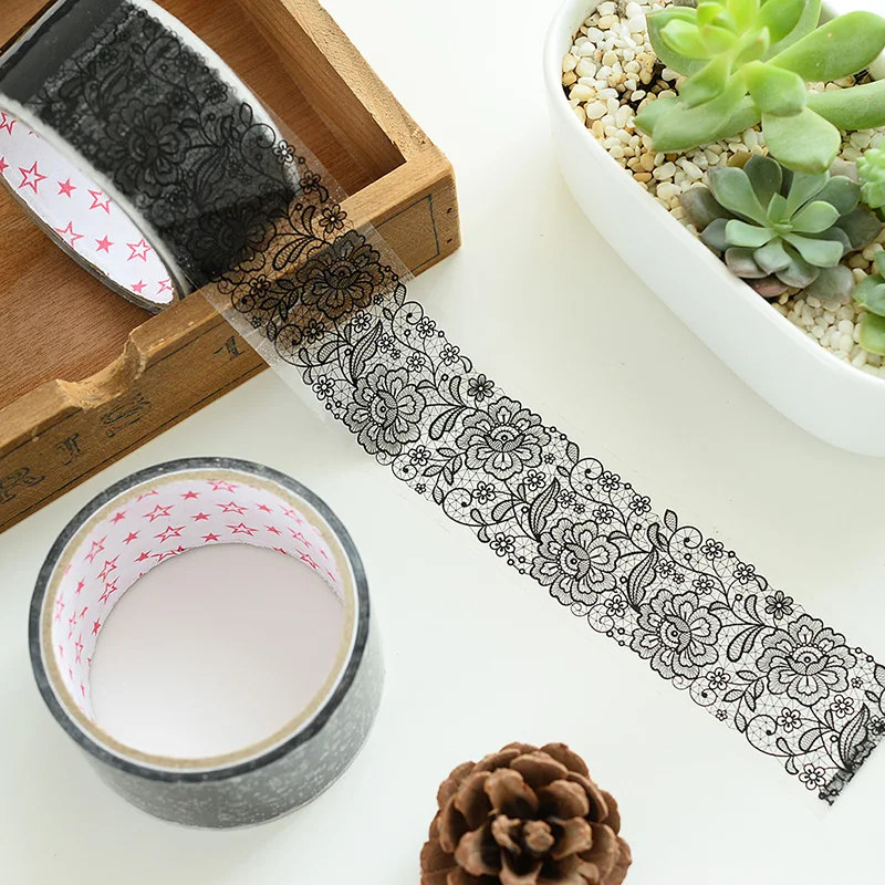 Transparent Black Openwork Lace Tape Masking Sticker Tape Vintage Hollow Adhesive Sticky Paper Tape scrapbooking DIY Decoration