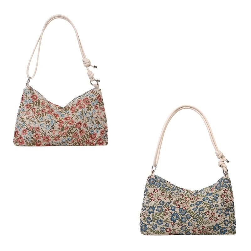 

Women Korean Fashion Shoulder Handbag Vintage Ethnic Colorful Flower Underarm Bag Crossbody Bag with Adjusted Strap
