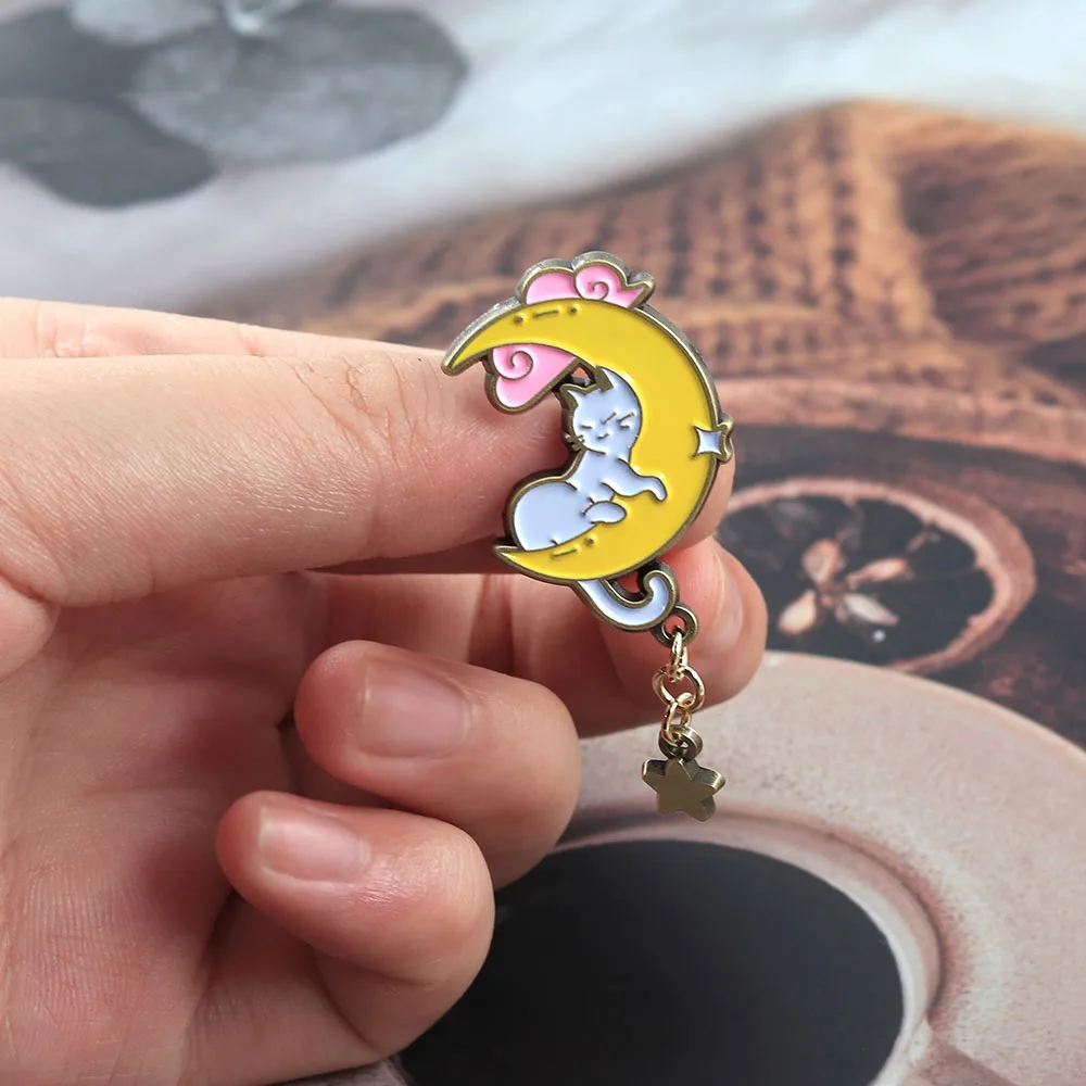 Niedliche schlafende Katze Emaille-Pin, bezaubernder Sternanhänger, Brosche, Cartoon-Kätzchen-Rucksack- und Kleidungsabzeichen, perfekte Geschenke für Katzenliebhaber. – Detail 8