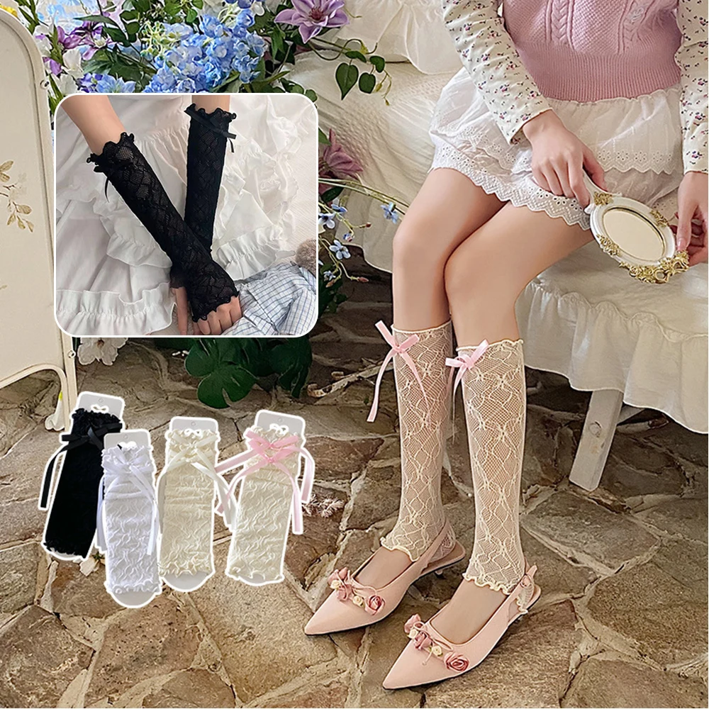 Lace Bowknot Arm Sleeves Mesh Hollow Out Ruffles Leg Covers Sweet Ribbon UV Protection Sleeve Flounce Lolita Women Accessories