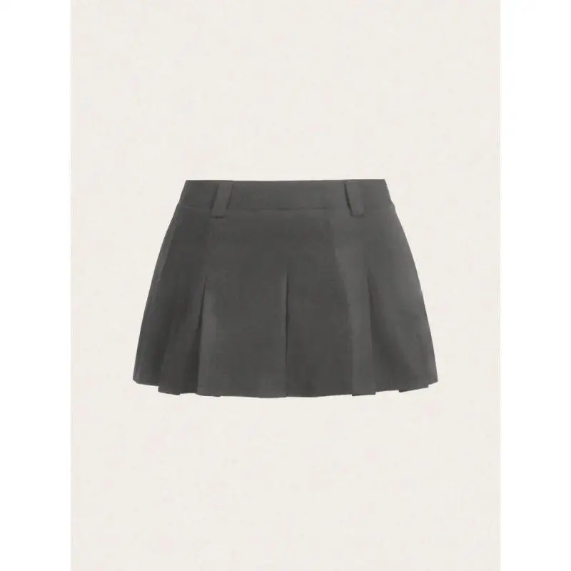 High Waist Pleated  Skirt Denim Fabric Other Material Batwing Shape A-Line Silhouette Cross-Border Short Skirt