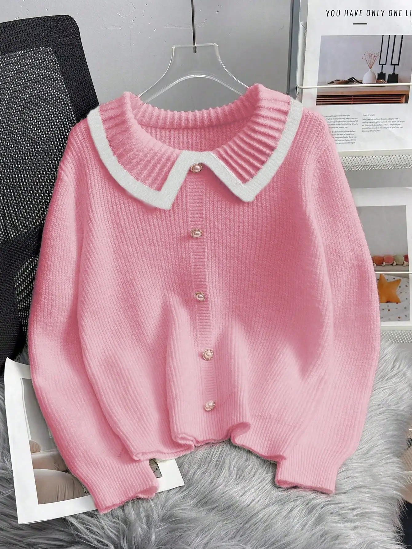 Women's Fall Winter Peter Pan Collar Sweater, Soft Ribbed Knit Pullover Top, Loose Fit Casual Blouse for Daily Wear and Comfort