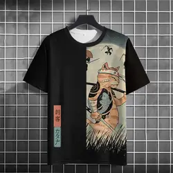 T-shirt Manches Courtes pour Homme, Haut Décontracté avec Chat de Samouraï Japonais, Dessin Animé, Animal de Rue Imprimé en 3D