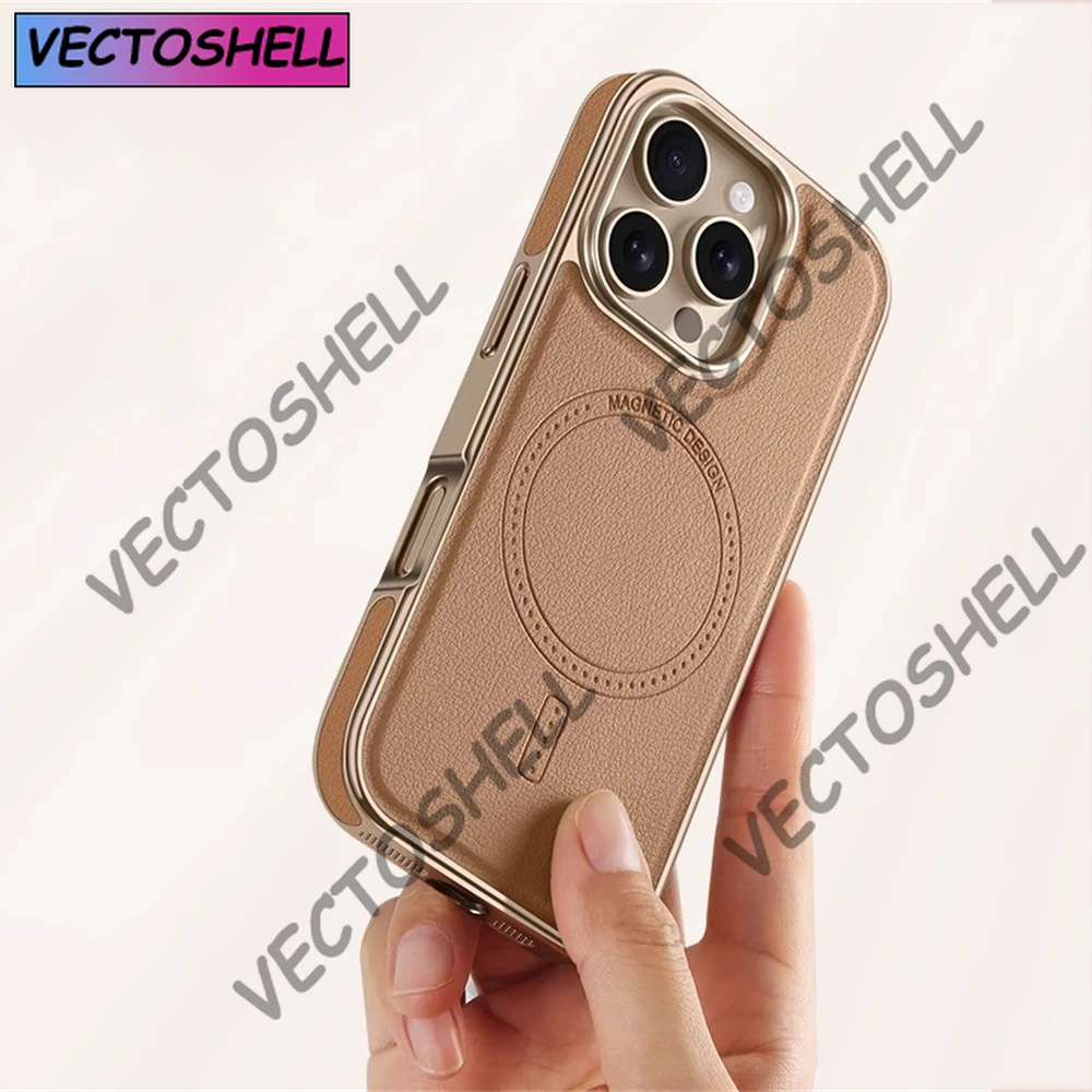 Casing Kulit Bingkai Lembut Berlapis Bisnis Mewah untuk iPhone 16 13 14 15 Pro Max Magsafe Penutup Tahan Benturan Pengisi Daya Nirkabel Magnetik