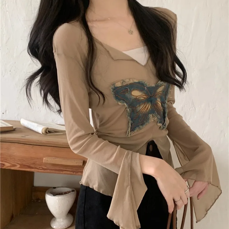 T-Shirts Women Front-slit Sun-proof Chic Summer Slightly See-through Korean Fashion Popular Cozy Sexy Spicy Girls Summer Tops