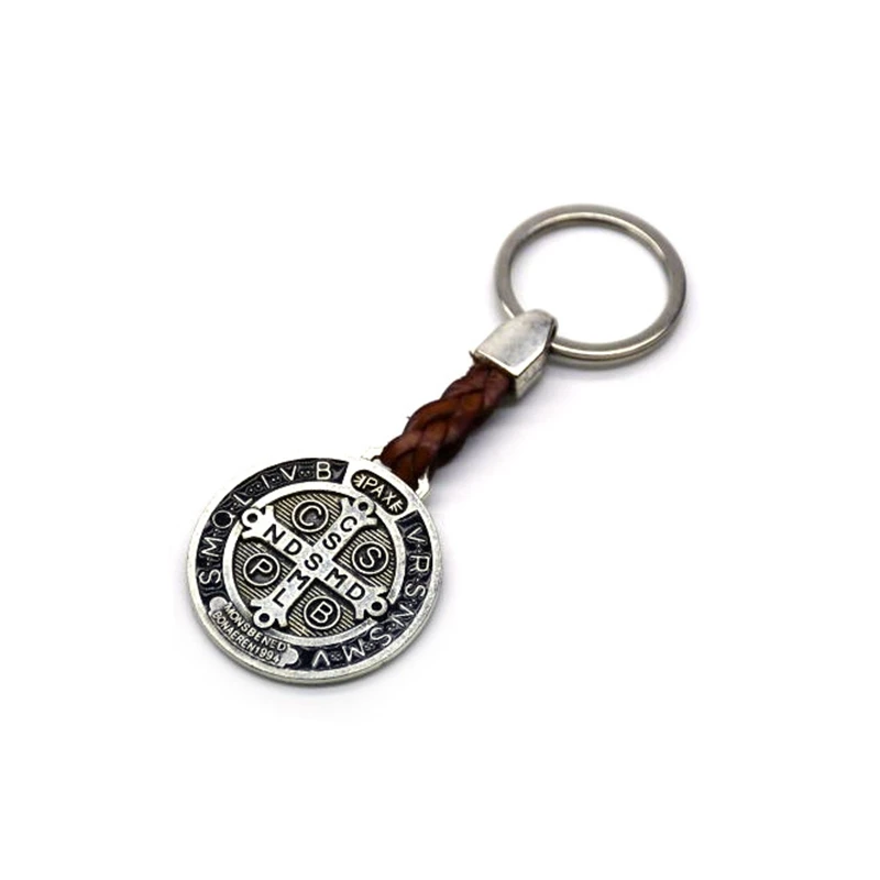 Vintage Saint Benedict PU Leather Keychain, Religious Gift
