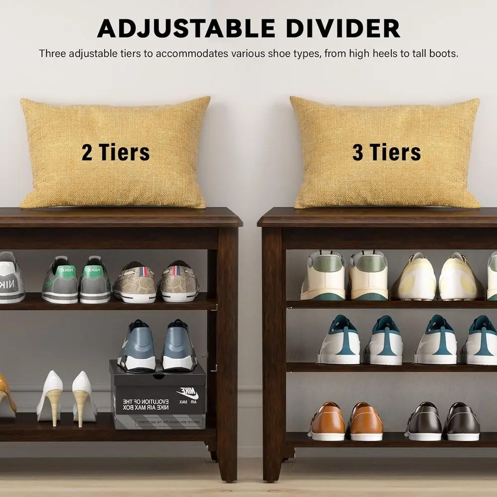 Регулируемая трехъярусная полка для обуви в прихожей для прихожей, гостиной, грязевых комнат - отделка из орехового дерева