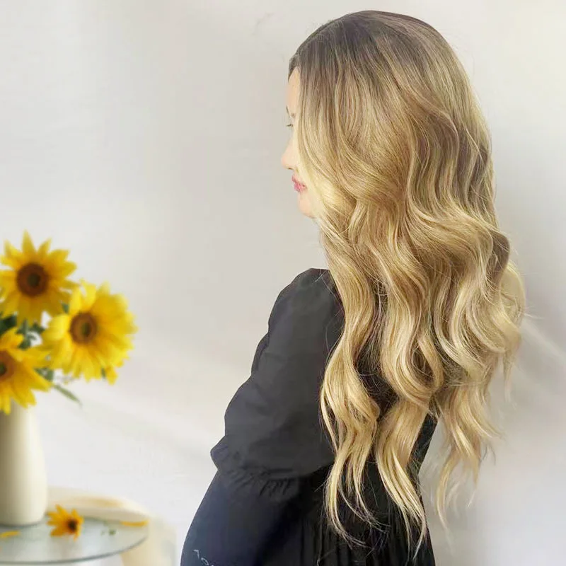 Cabelo longo ondulado feminino com uma separação média ondas grandes peruca de fibra sintética de seda de alta temperatura estilo vento natural