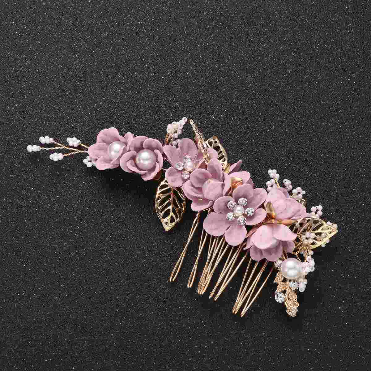 1PC Hair Comb Metal Leaf Cloth Flower Beads Rhinestone Inlaid Insert Comb Hair Accessory (Purple) Bridal Hair Comb