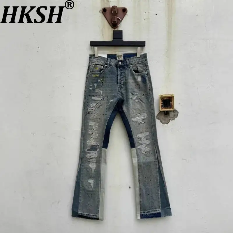 Calça Jeans HKSH Nova Coleção Verão Masculina e Feminina Estilo Punk Vintage com Efeito Salpicado, Costura Manual, Rasgada e Lavada - Tendência High S