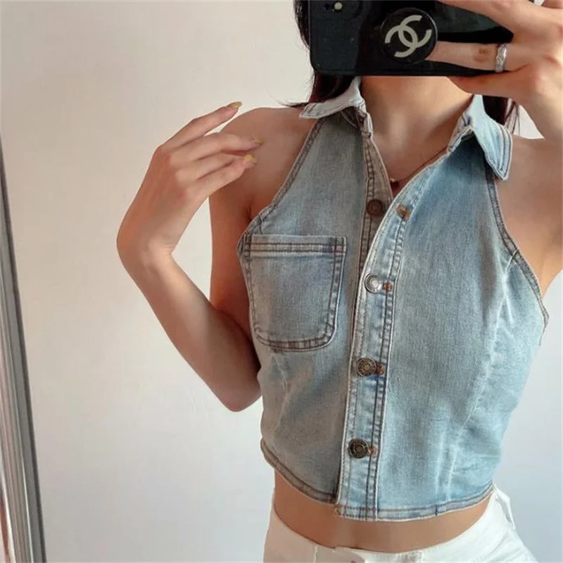 Women's summer blouse new solid color bottoming shirt denim halter vest top women