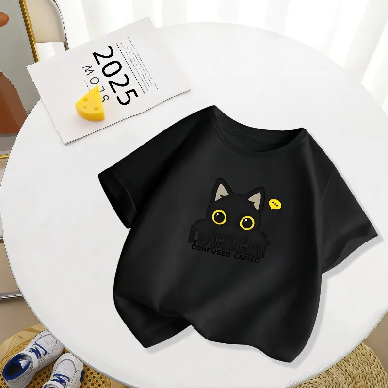 Cute Kitten Cartoon Printed Children's T-shirt New Personalized Parent-child Outfit Fashionable Round Neck Daily T-shirt