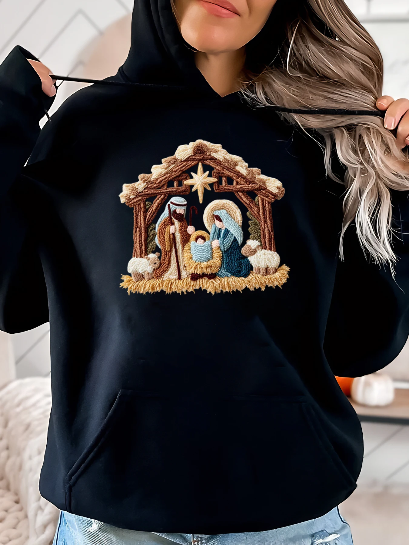 Felpa con cappuccio natalizia per presepe Abito invernale casual da donna Nero Taglie forti