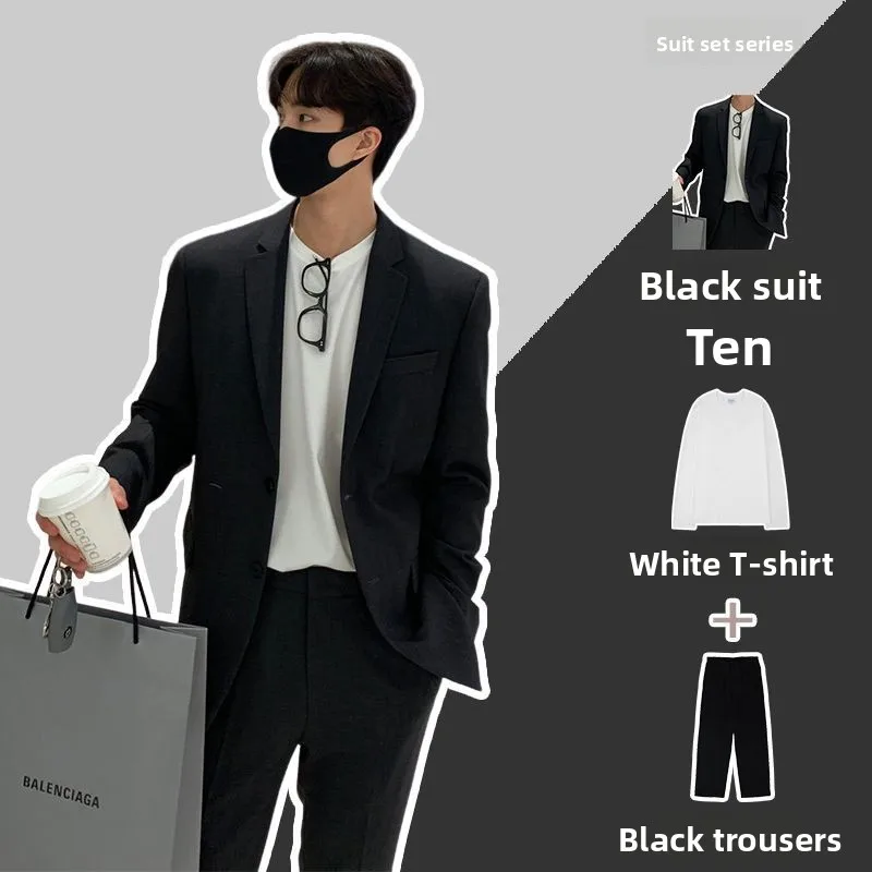 

Casual Men's Tee-Piece Suit Set Spring Autumn Loose Korean Sle Pad oulder Student Coat Profional Formal Wear