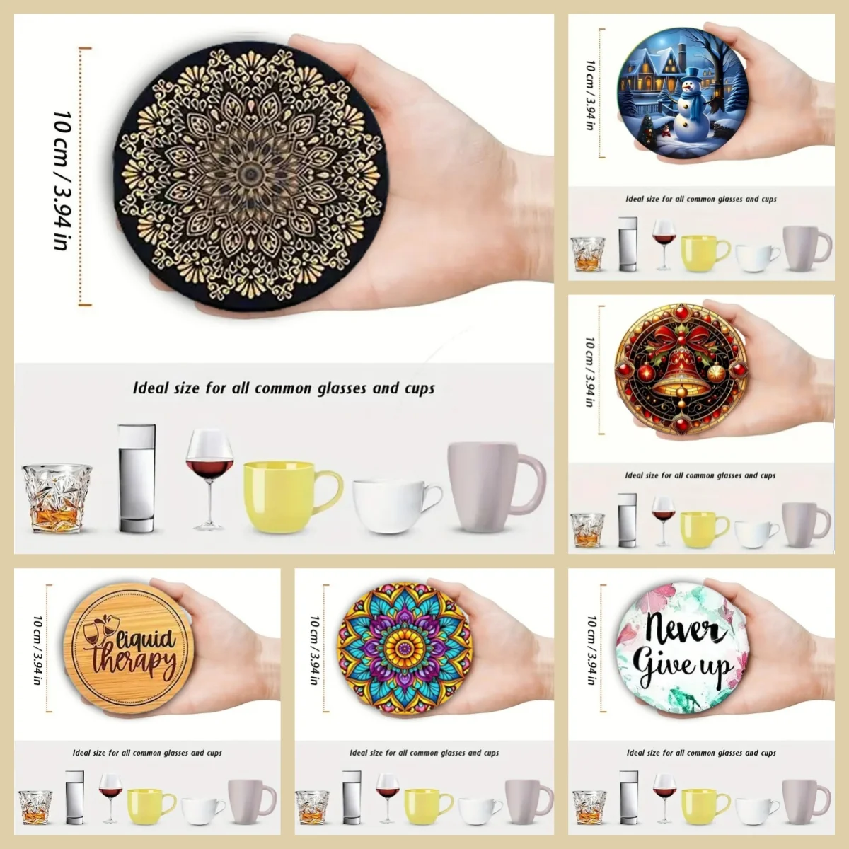 8 cartoon Christmas-patterned anti-slip and heat-insulating wooden coasters, suitable for kitchen and office holiday gifts