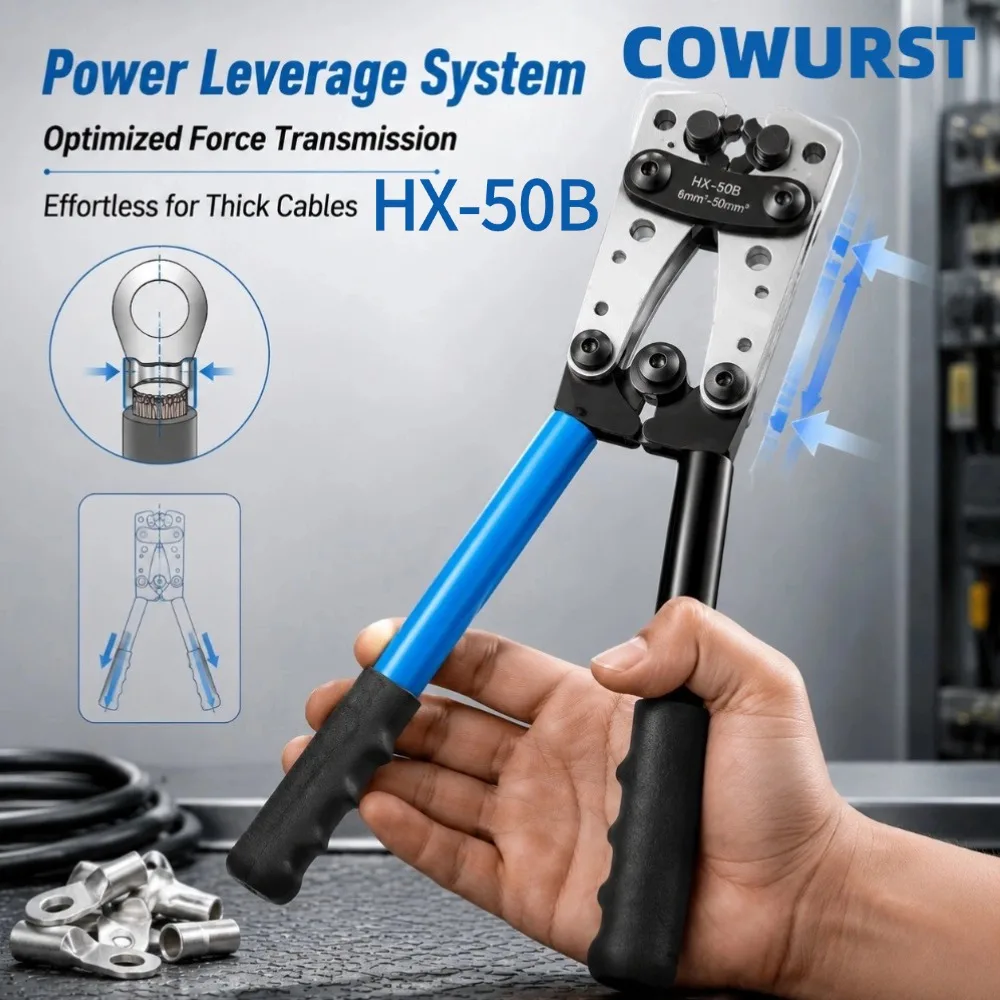 HX-50B Copper Lug Crimping Pliers, 6-50mm² (10-0AWG) Terminal Crimping Tool, Fits SC OT Bare Copper Terminals - view 3
