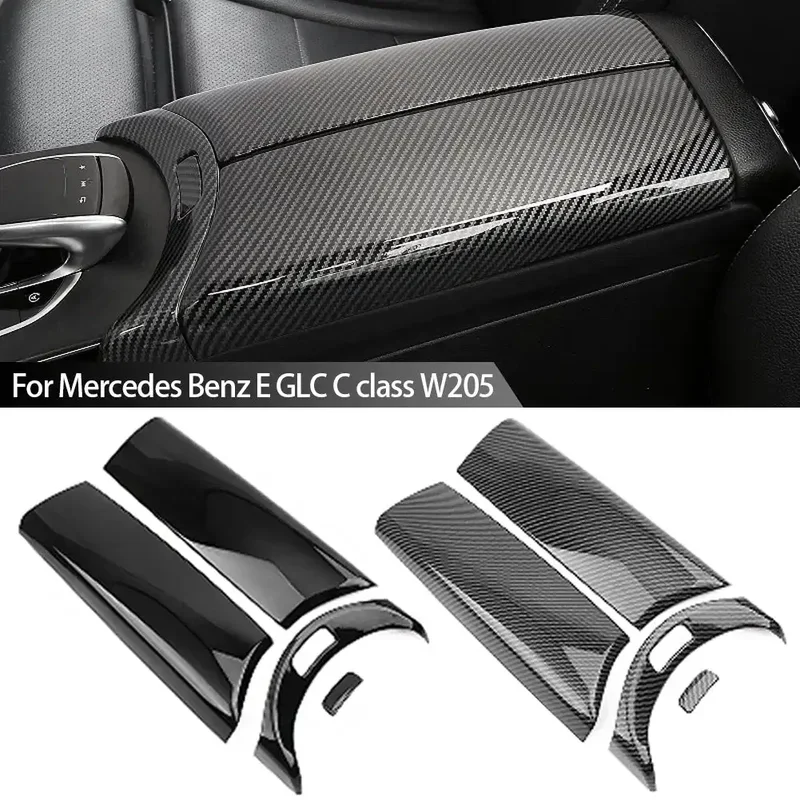 

For Mercedes Benz E GLC C class W205 4Pcs Carbon Fiber Car Center Armrest Box Panel Switch Button Cover Interior Accessories