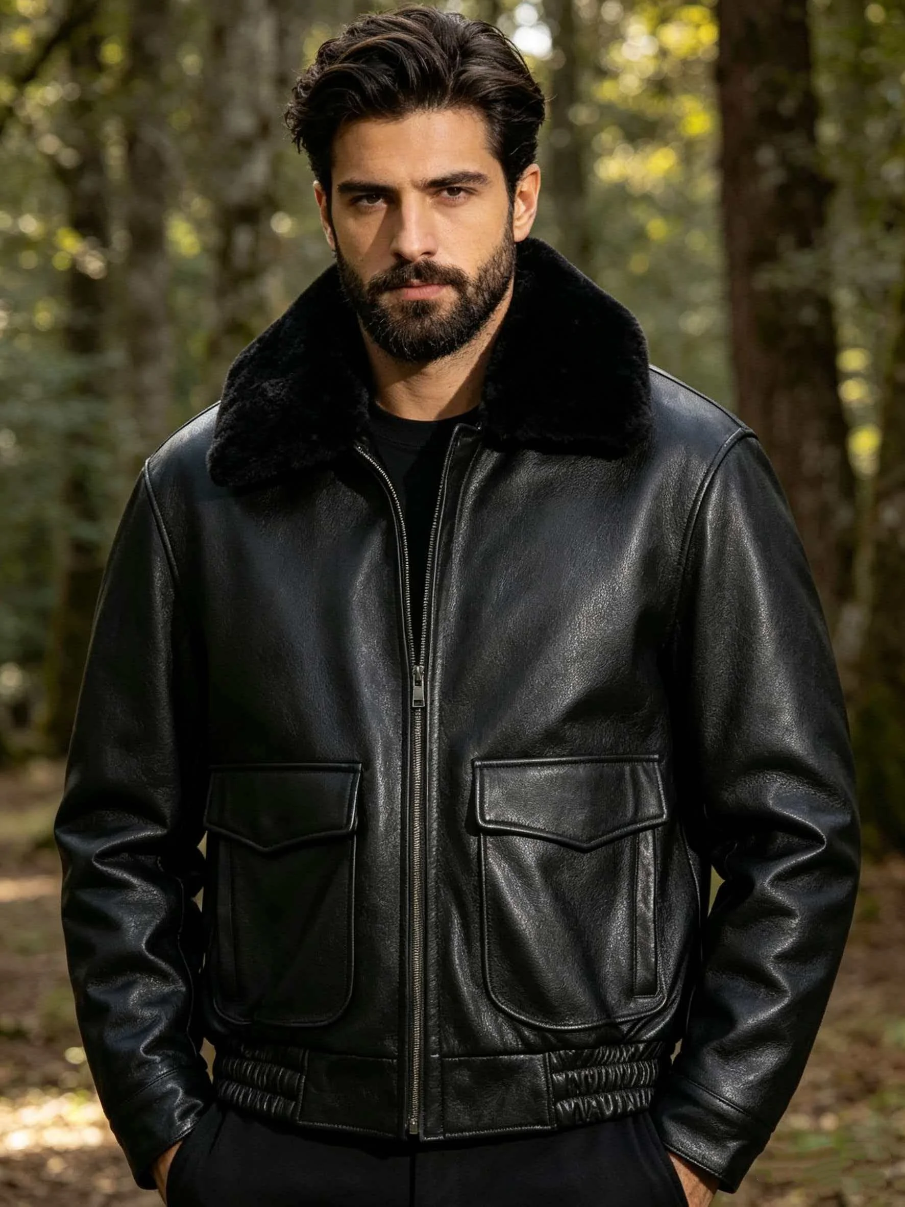 

Black Winter Leather Jacket Men Military Style Plus Size 5XL Genuine Natural Thick Cowhide Wool Turn-Down Collar Flight Coat