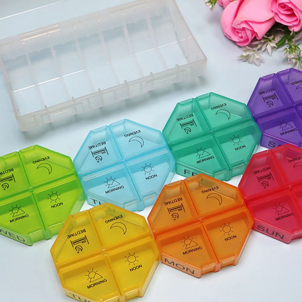 

Portable Colorful 28 Grid Weekly Medicine Box Dustproof Moisture-Proof Tablets Storage Box For Home Travel