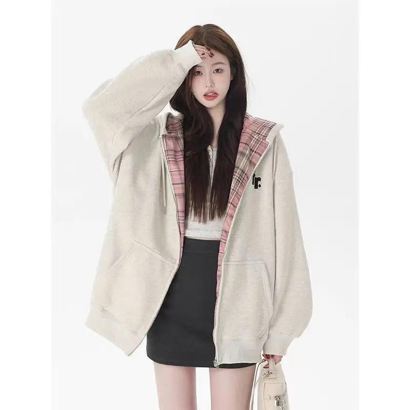 Splicing Lined Checkered Fabric Hooded Sweatshirt for Women's Long Sleeved Jacket