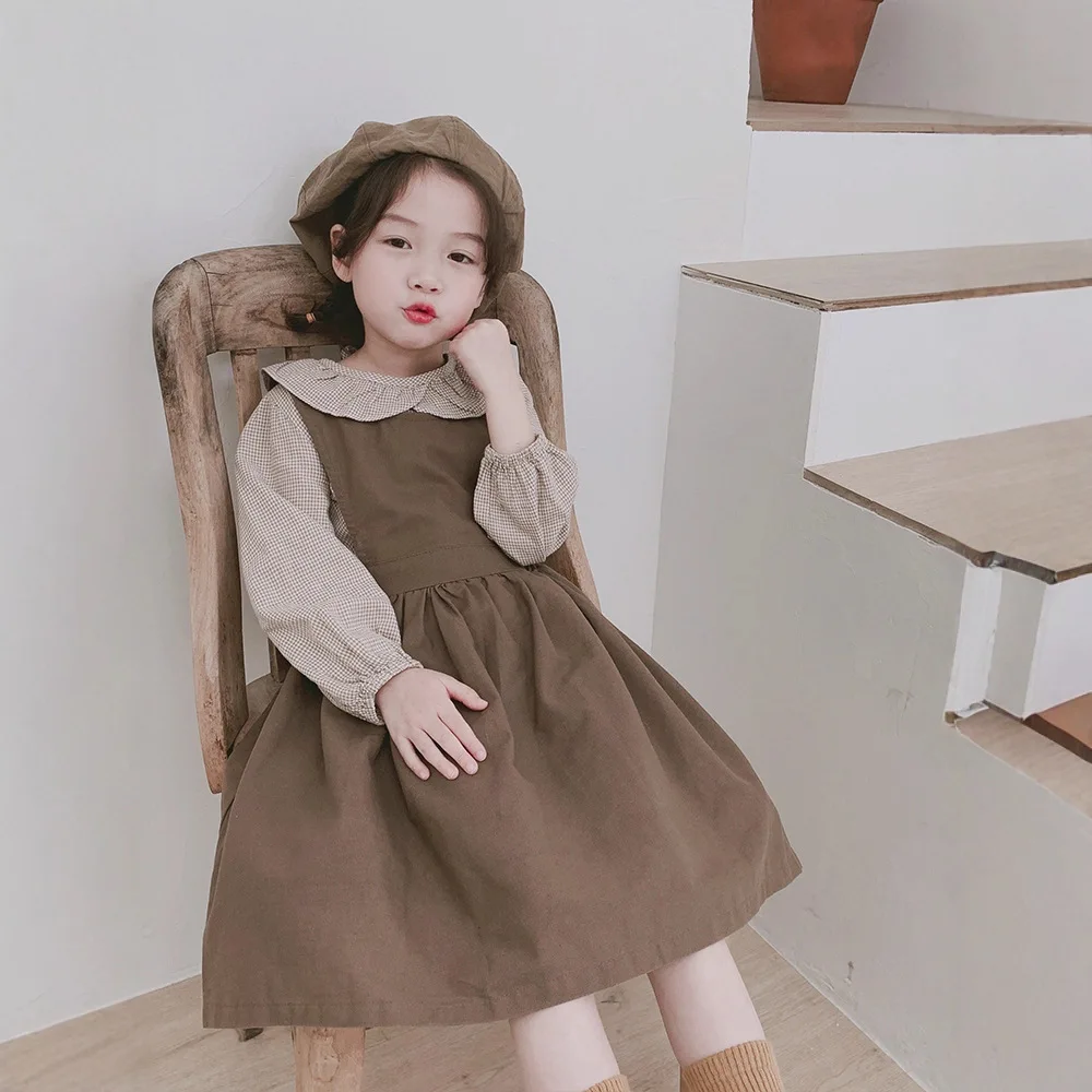 مجموعة ملابس الفتيات الربيعية لعام 2025 قميص بياقة الدمية منقوش + فستان بكتافة أطقم ملابس للأطفال جديدة للأعمار من 3 إلى 7 سنوات #2