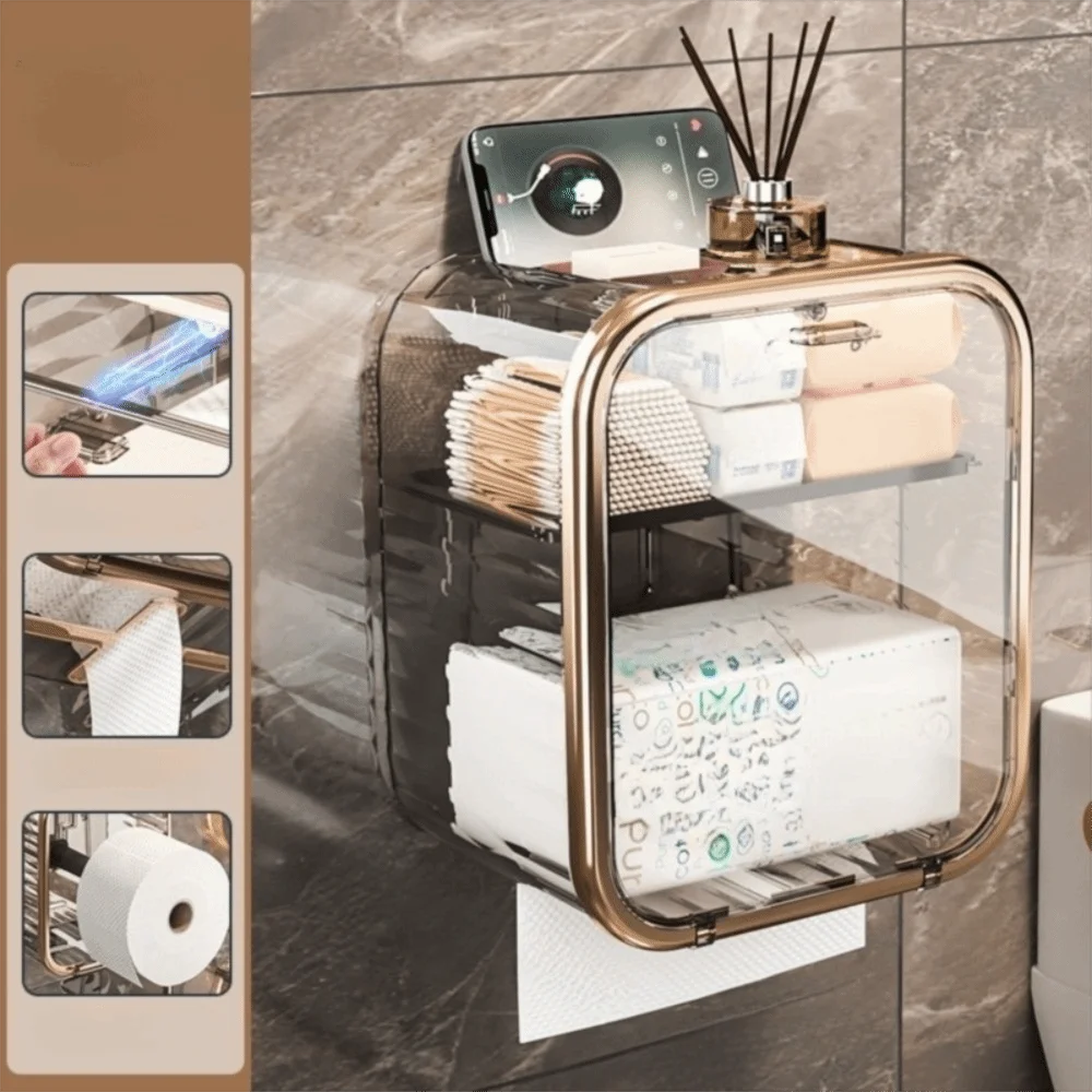 

Magnetic 3 in1 Toilet Tissue Box Waterproof with Drawer Double Layer Tissue Box Space Saving Large Capacity