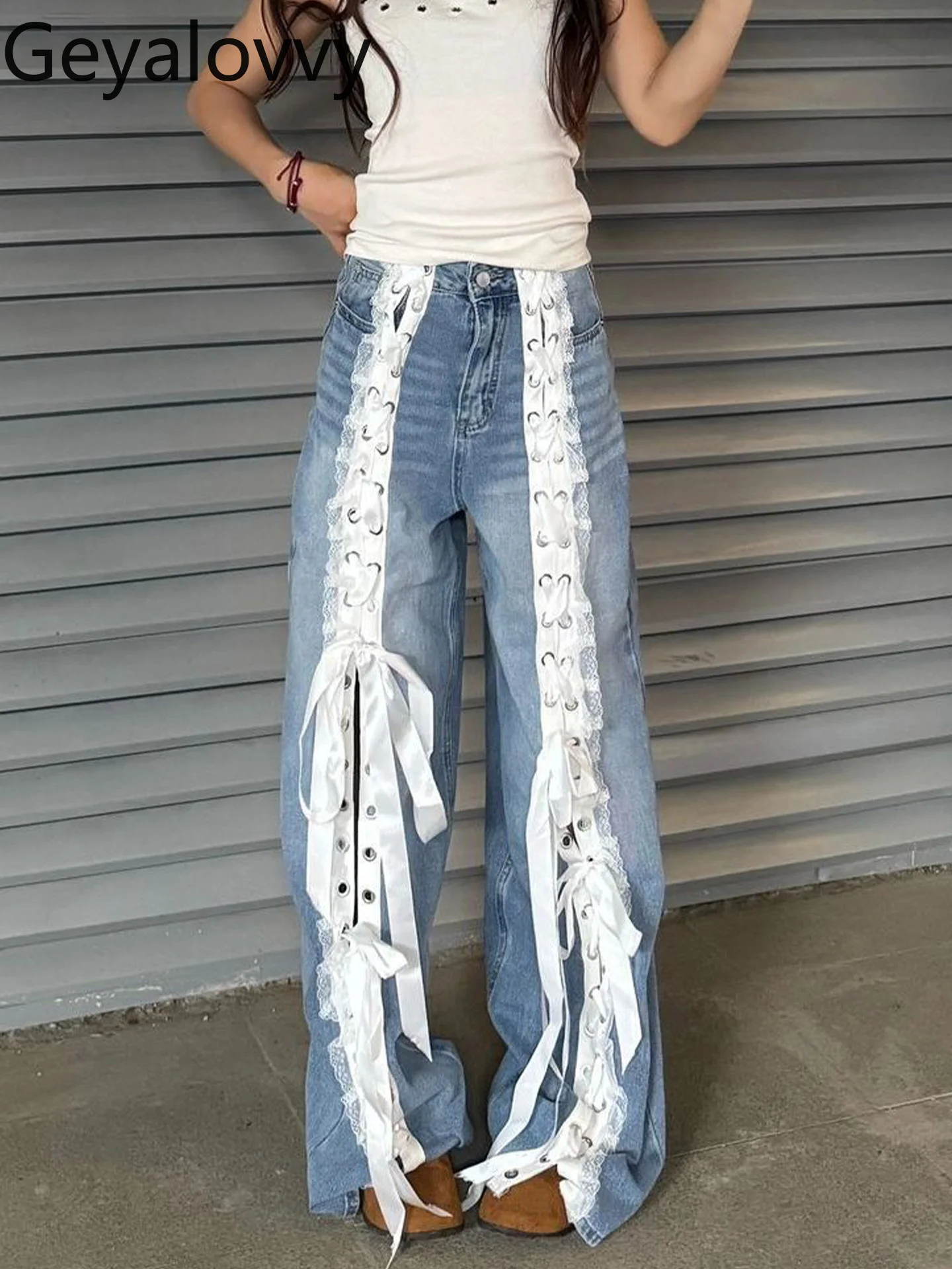 

Женские джинсовые брюки большого размера, широкие джинсы с кружевом в стиле ретро, весна-осень, новый дизайн, свободные повседневные брюки с широкими штанинами