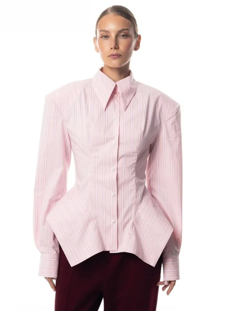 

Women's Collar Striped Shirt with Asymmetrical Hem and Waist Cinching 2026 Spring summer Fashionable Casual Office Commuting Top