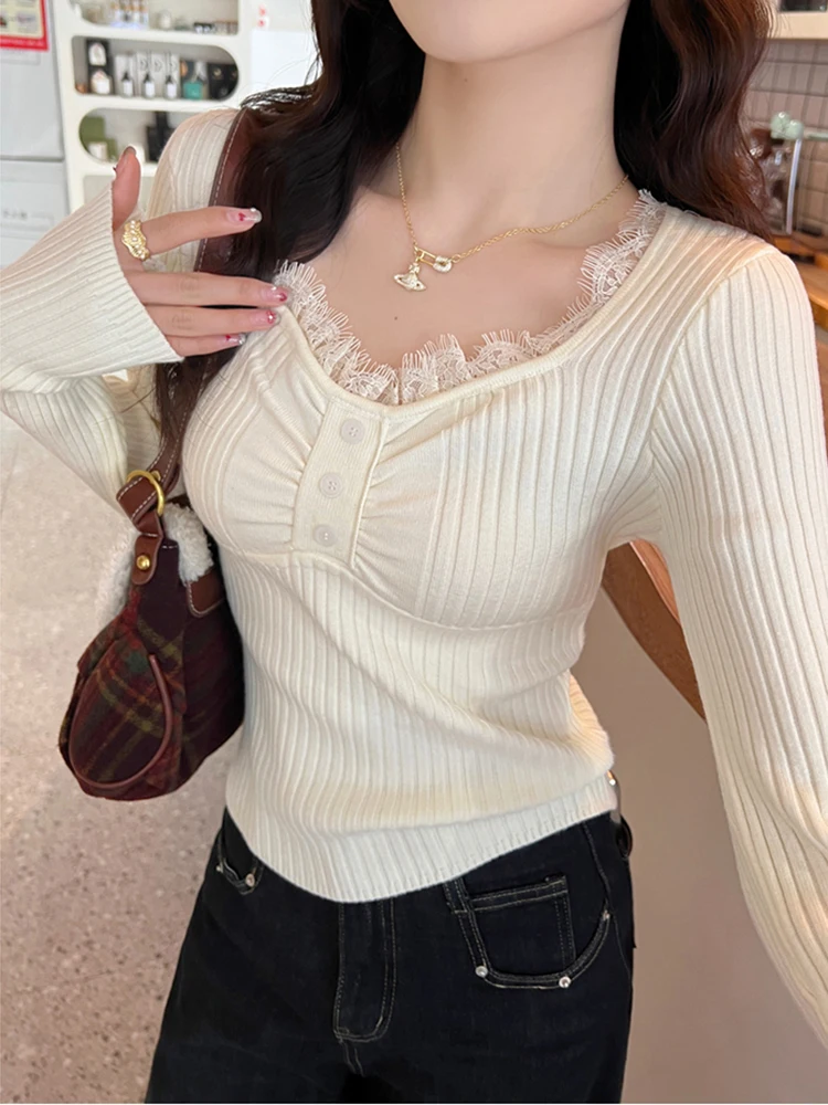 Kemeja Dasar Rajutan Tambal Sulam Renda Gaya Korea untuk Wanita Pakaian Sweter Bottoming Kasual Ramping Lengan Panjang Musim Gugur