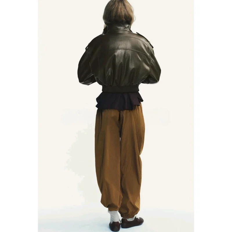 New Autumn Women's Motorcycle Sle ort Coat Long Sve PU Leather Simulation Stand Collar Jaet Faionable And Sli