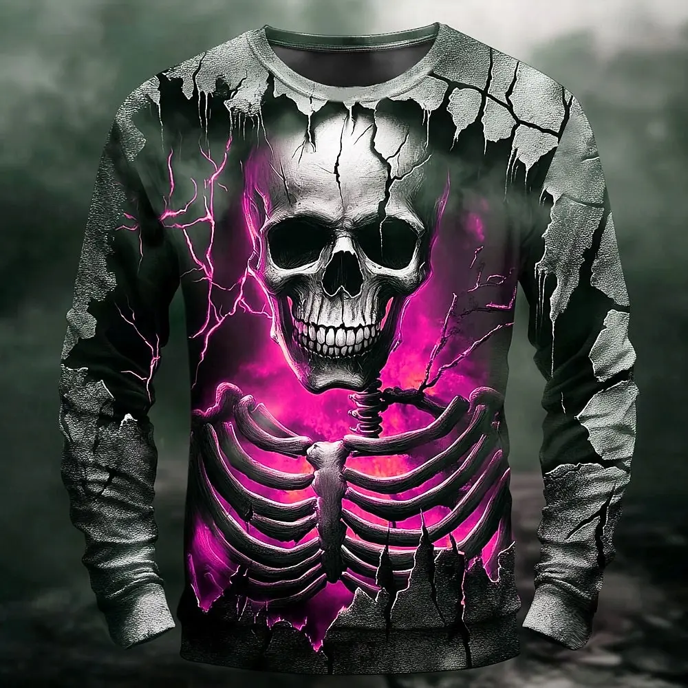 Men's T-Shirt Terror Skull 3D Print Long Sleeve Halloween Dress up Street Hip Hop Y2k Clothes Fashion Fall Long Sleeve Tops Tees