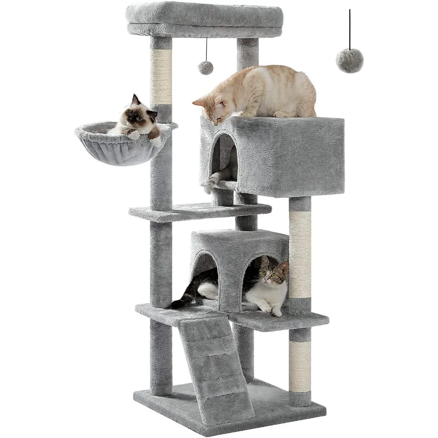

Cat Tree for Large Cats with Super Large Top Perch 56.3 Cat Tower Featuring Plush Hammock Dangling Pompom Cat Scratching Posts