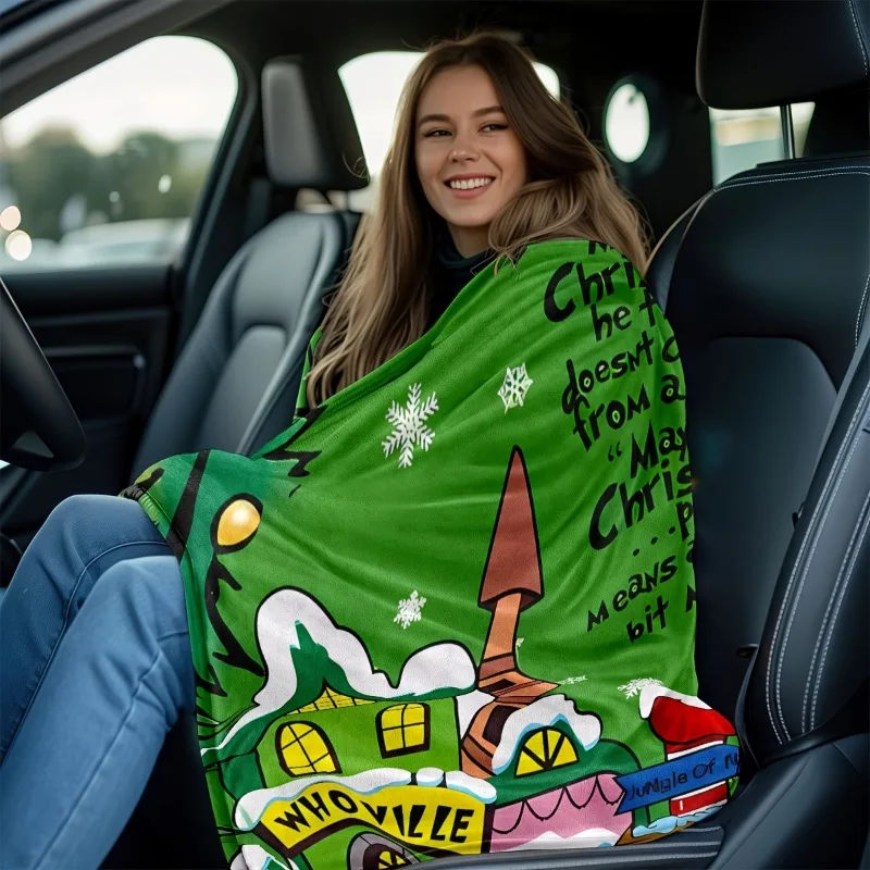 Festive Green Christmas Print Flannel Blanket - Cozy Soft Multi-Purpose Throw with Whimsical Holiday Design for Home Office