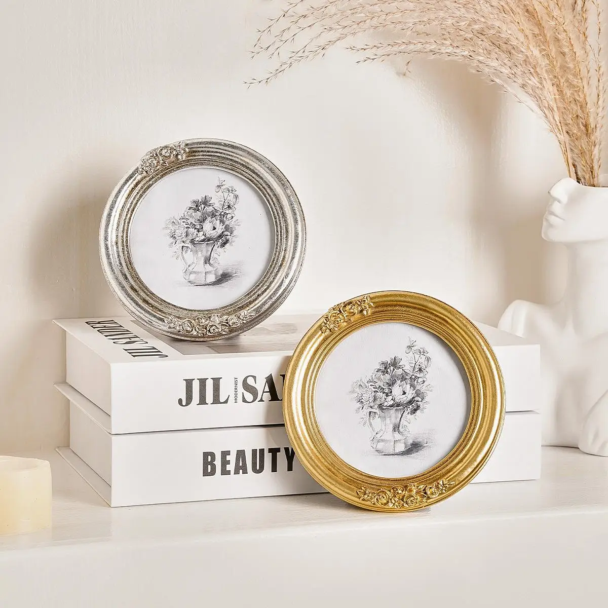 4-inch American Resin Photo Frame - Vintage Embossed Rose Flower Round Picture Frame, Antique Table Decoration Art Frame